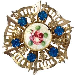 Vintage 1950s Brooch Guilloche Enamel Rose Blue Rhinestone Gold Tone Sparkly Pin